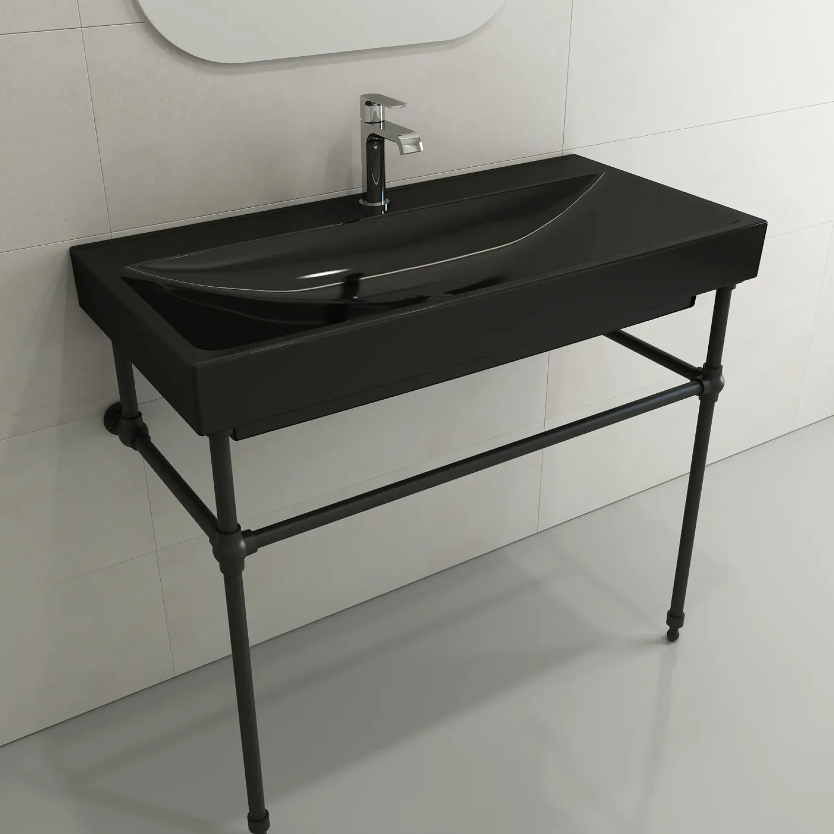 BOCCHI Scala 40" Rectangle Wallmount Fireclay Bathroom Sink, Black, Single Faucet Hole, 1079-005-0126
