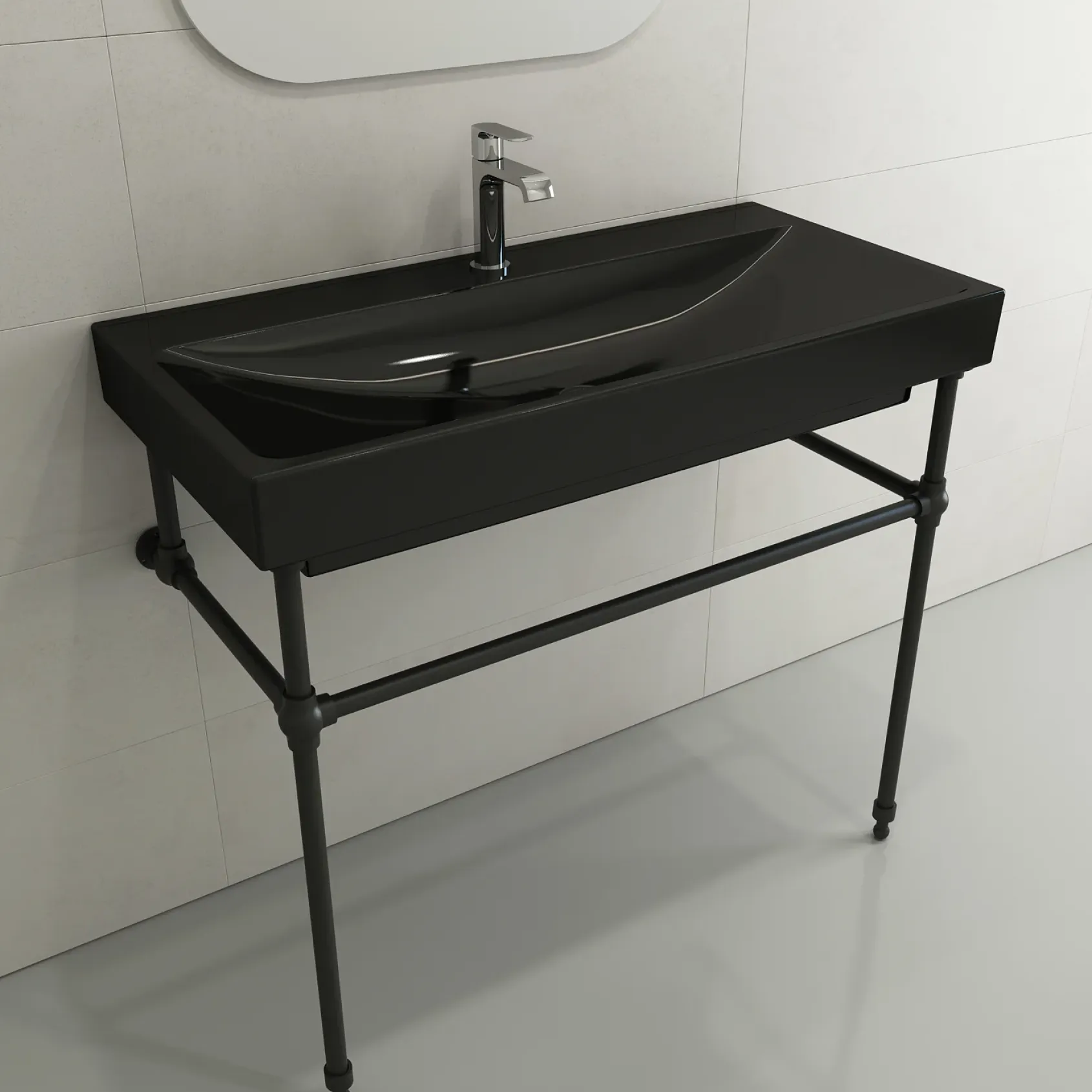 BOCCHI Scala 40" Rectangle Wallmount Fireclay Bathroom Sink, Black, Single Faucet Hole, 1079-005-0126