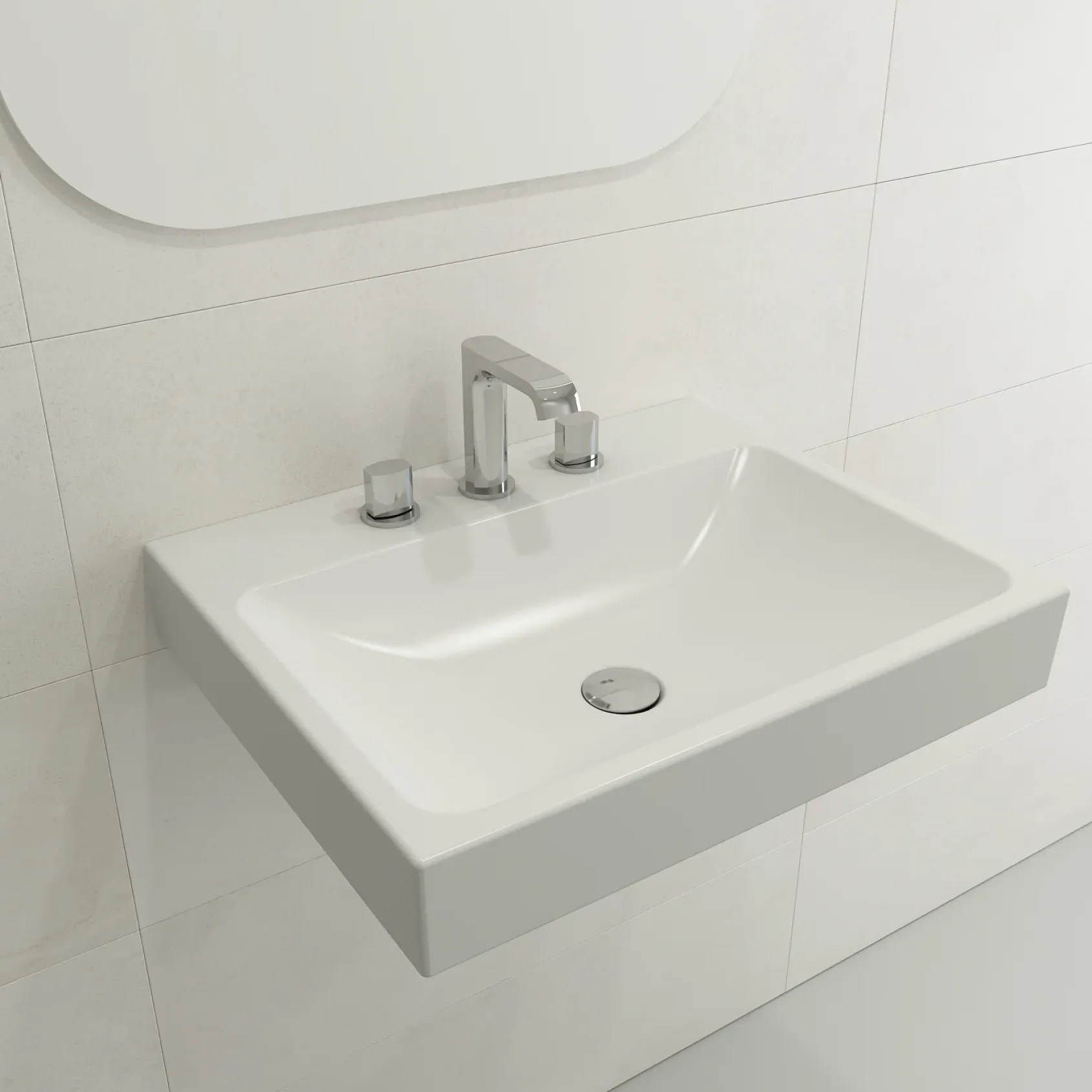 BOCCHI Scala 24" Rectangle Wallmount Fireclay Bathroom Sink, Matte White, 3 Faucet Hole, 1077-002-0127