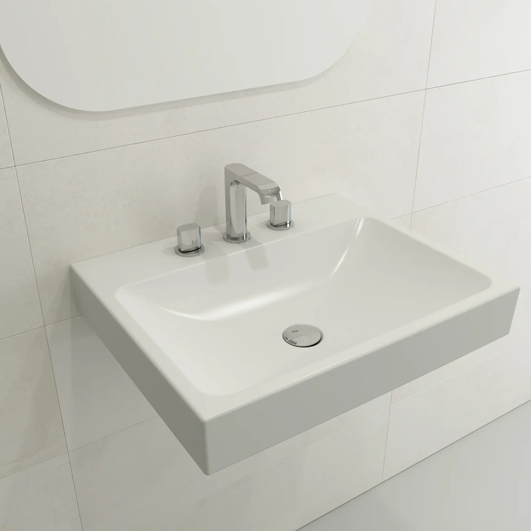 BOCCHI Scala 24" Rectangle Wallmount Fireclay Bathroom Sink, Matte White, 3 Faucet Hole, 1077-002-0127