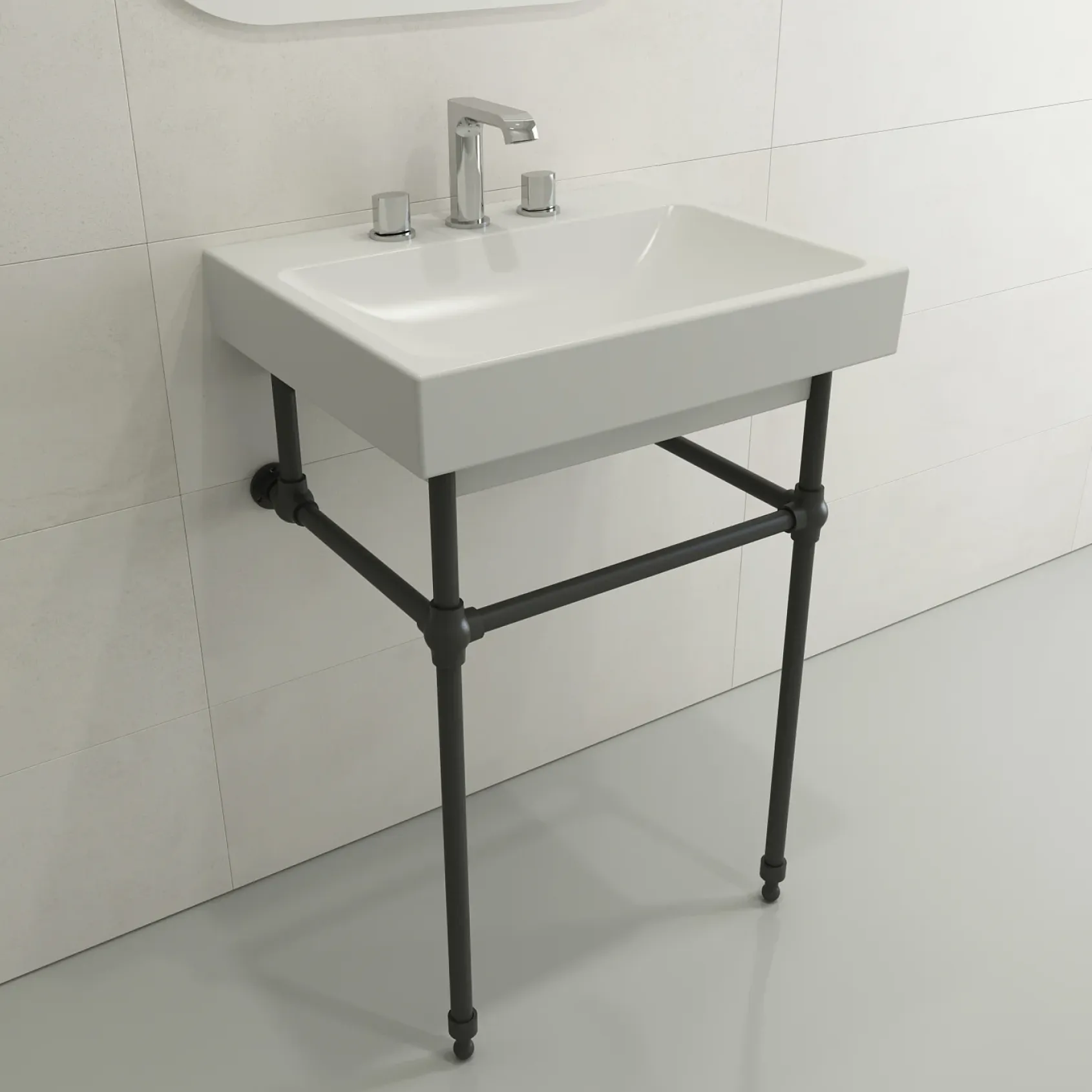BOCCHI Scala 24" Rectangle Wallmount Fireclay Bathroom Sink, Matte White, 3 Faucet Hole, 1077-002-0127
