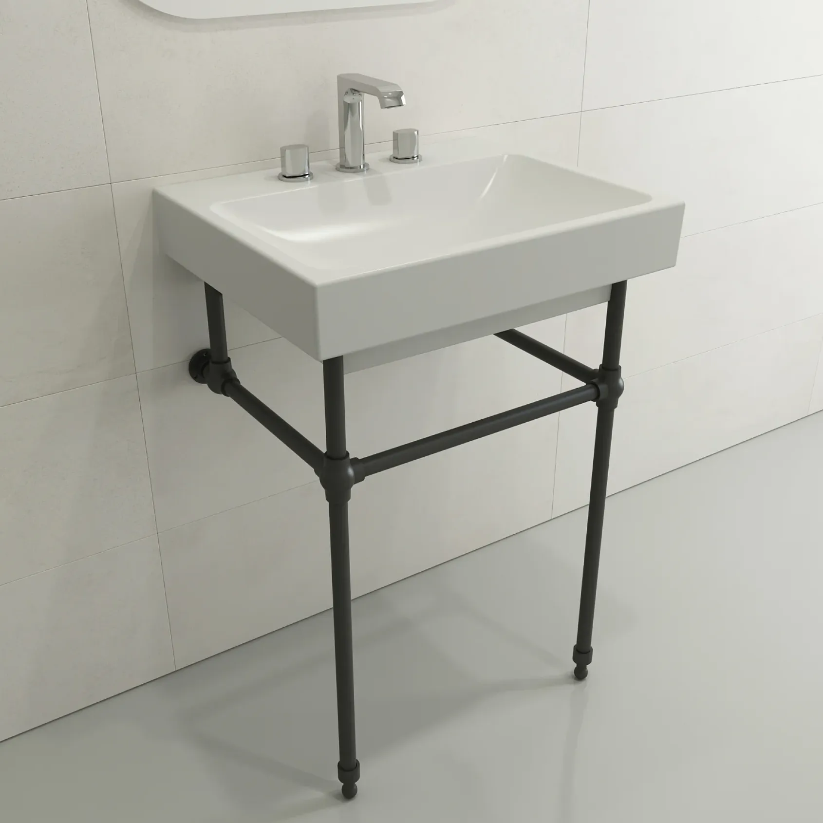 BOCCHI Scala 24" Rectangle Wallmount Fireclay Bathroom Sink, Matte White, 3 Faucet Hole, 1077-002-0127