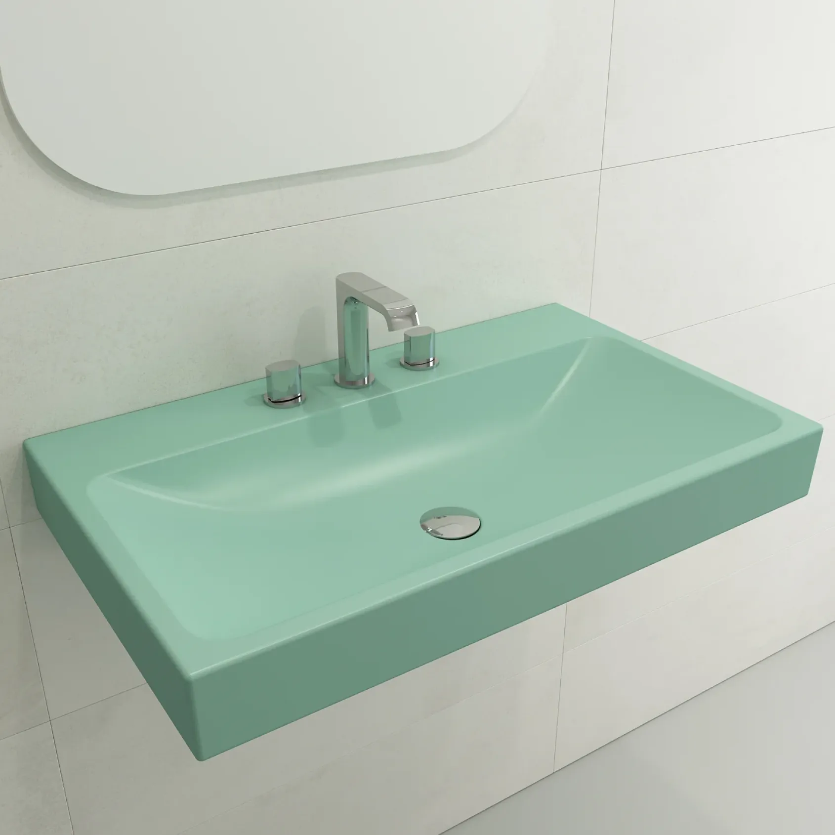 BOCCHI Scala 32" Rectangle Wallmount Fireclay Bathroom Sink, Matte Mint Green, 3 Faucet Hole, 1078-033-0127