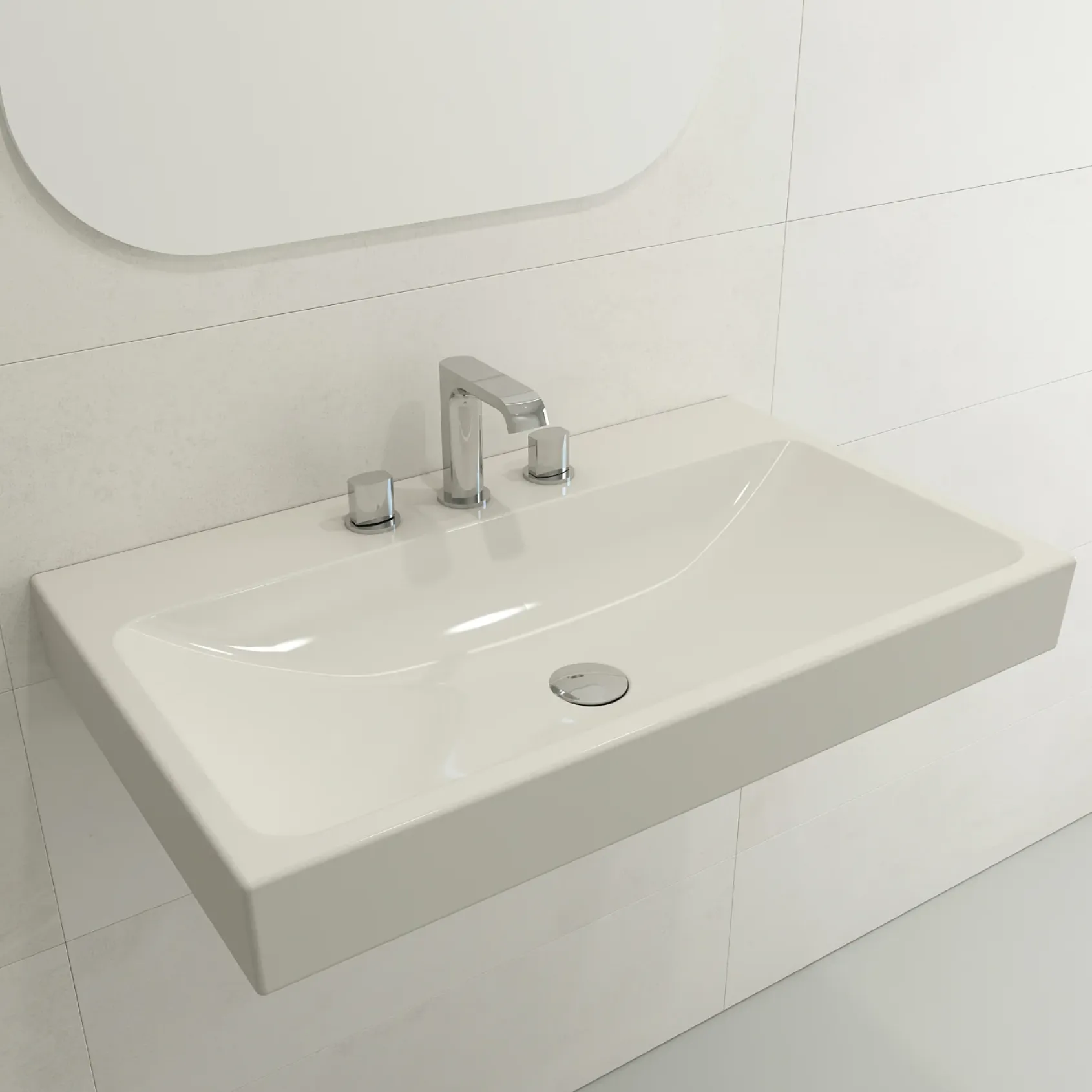 BOCCHI Scala 32" Rectangle Wallmount Fireclay Bathroom Sink, Biscuit, 3 Faucet Hole, 1078-014-0127