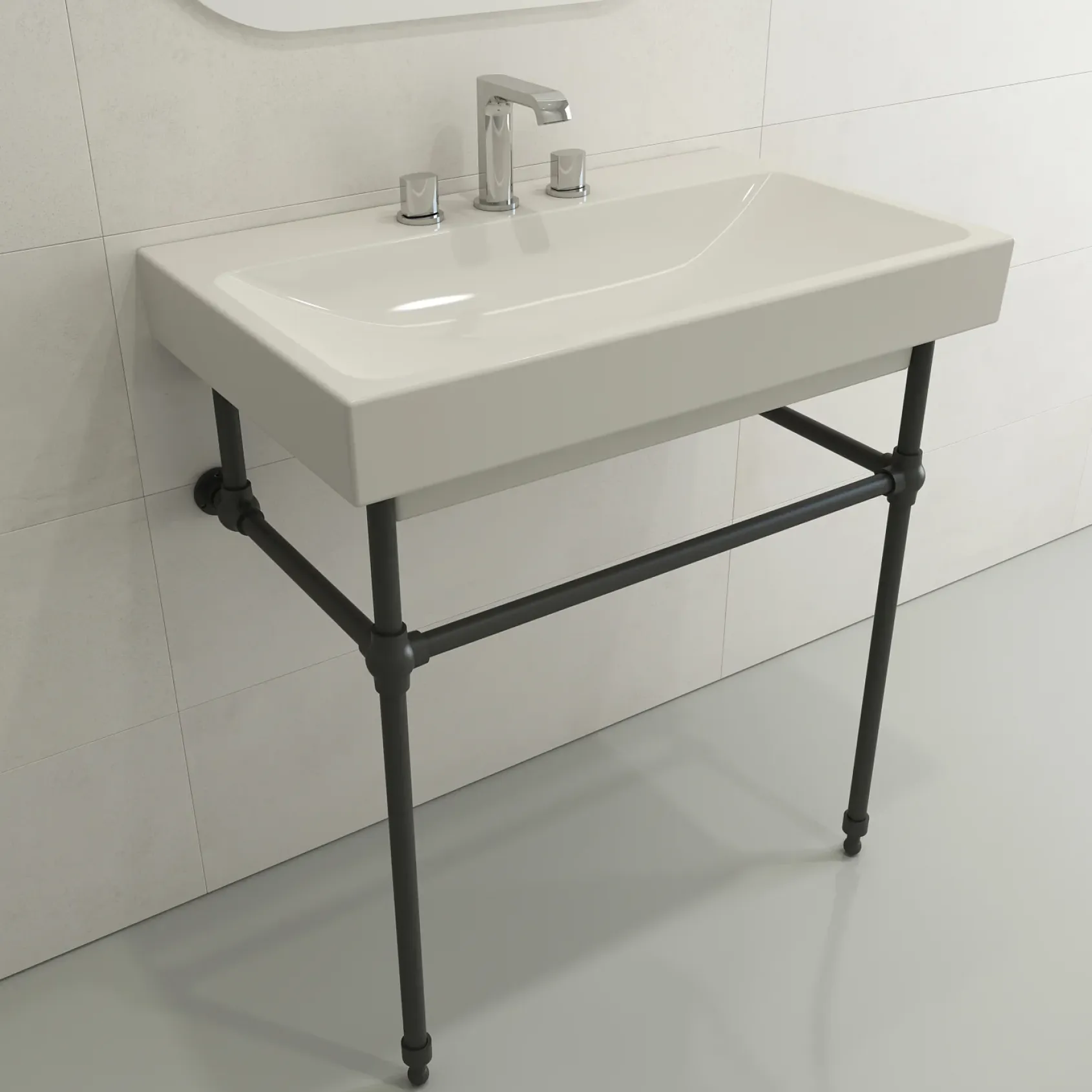 BOCCHI Scala 32" Rectangle Wallmount Fireclay Bathroom Sink, Biscuit, 3 Faucet Hole, 1078-014-0127