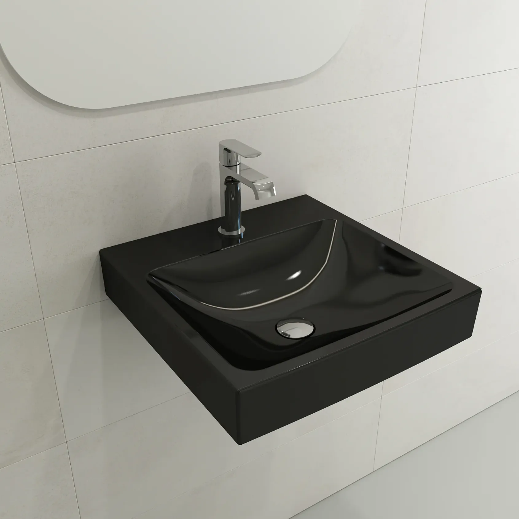 BOCCHI Scala 19" Square Wallmount Fireclay Bathroom Sink, Black, Single Faucet Hole, 1076-005-0126