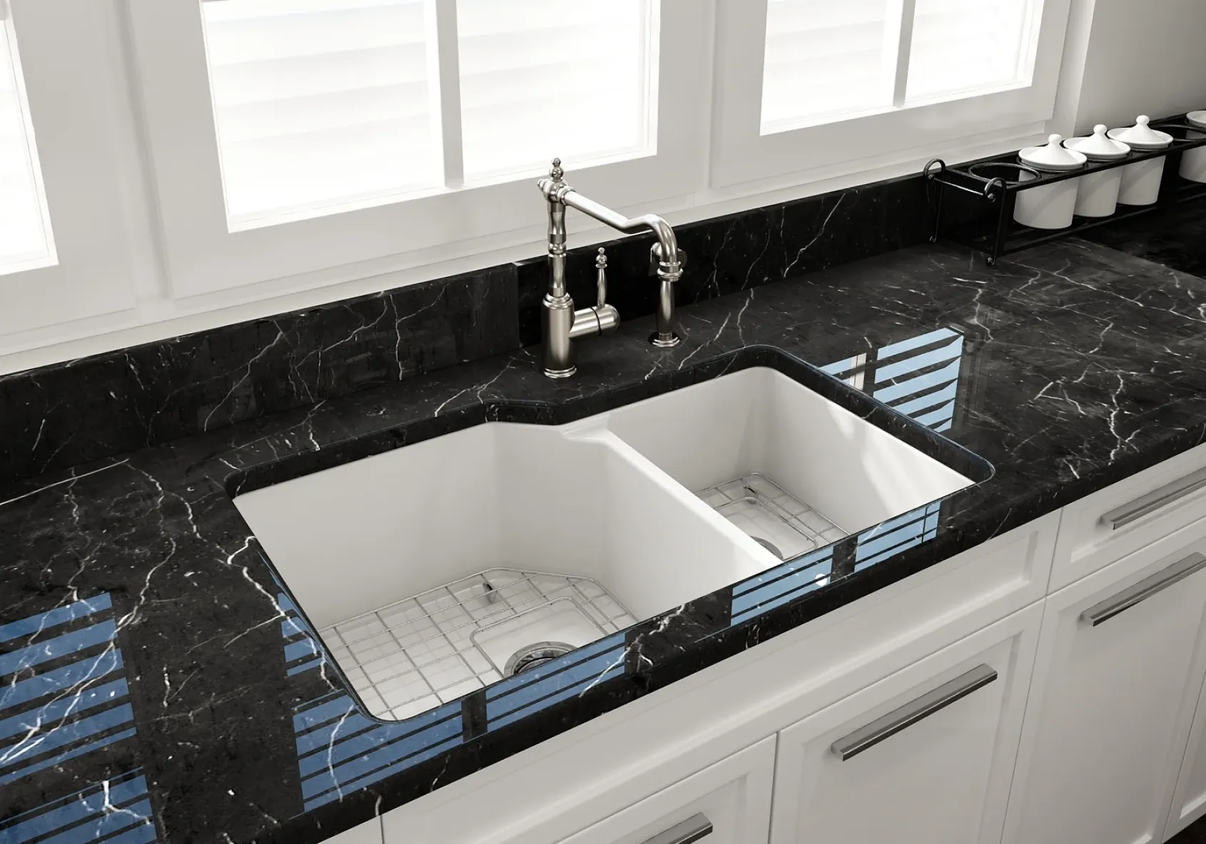 BOCCHI Sotto 33" Dual Mount Fireclay Kitchen Sink with Accessories, 60/40 Double Bowl, Matte White, 1506-002-0120