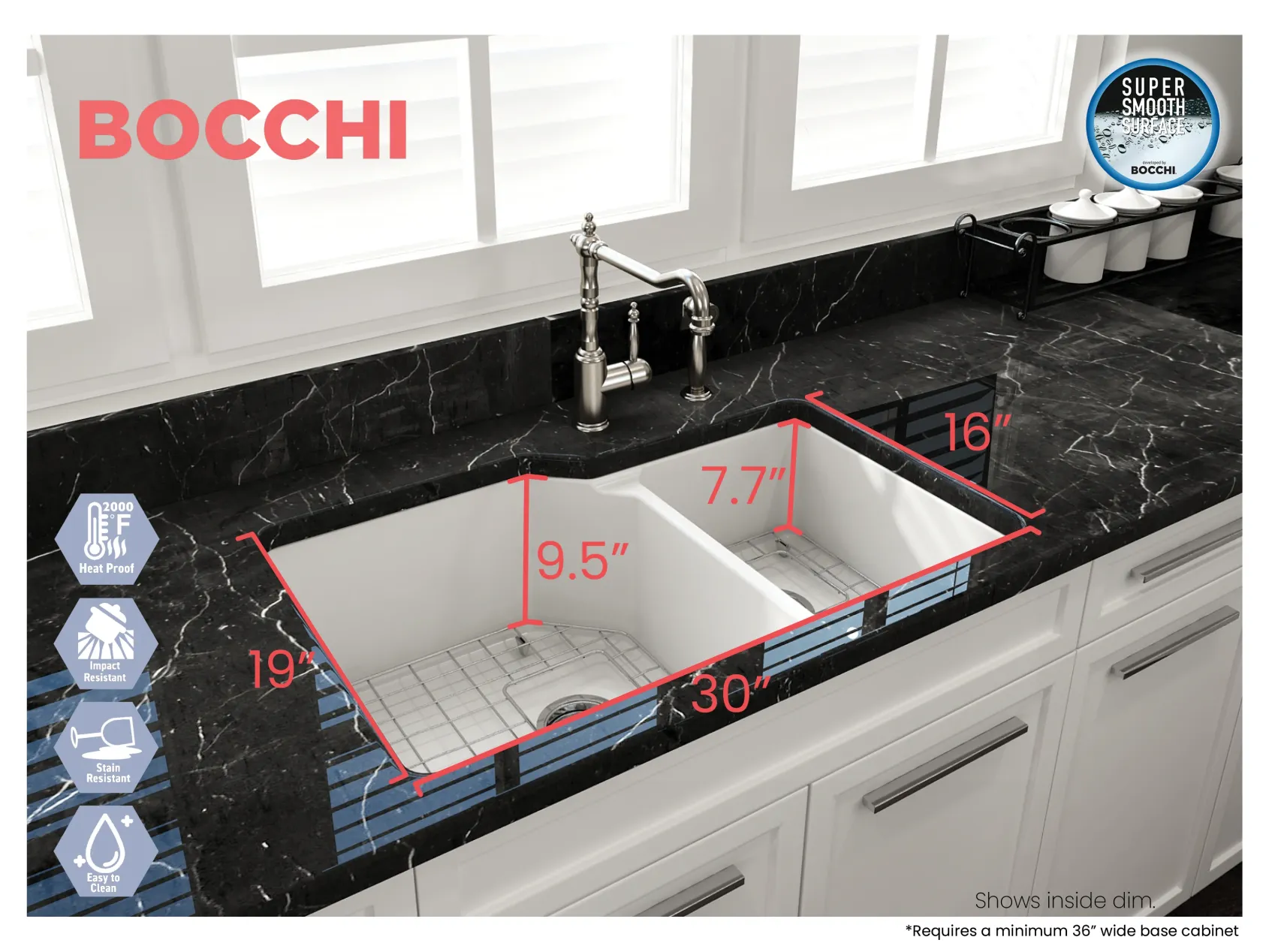BOCCHI Sotto 33" Dual Mount Fireclay Kitchen Sink with Accessories, 60/40 Double Bowl, Matte White, 1506-002-0120
