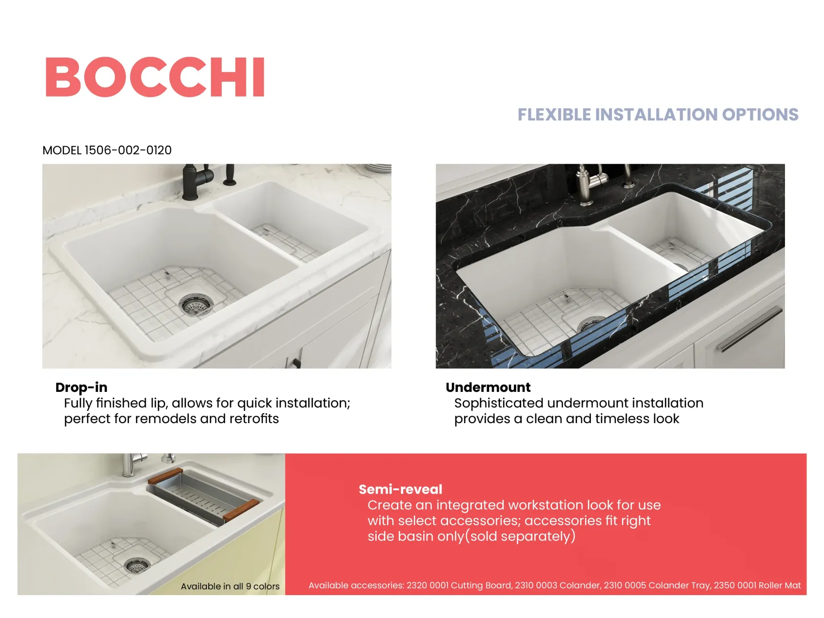 BOCCHI Sotto 33" Dual Mount Fireclay Kitchen Sink with Accessories, 60/40 Double Bowl, Matte White, 1506-002-0120