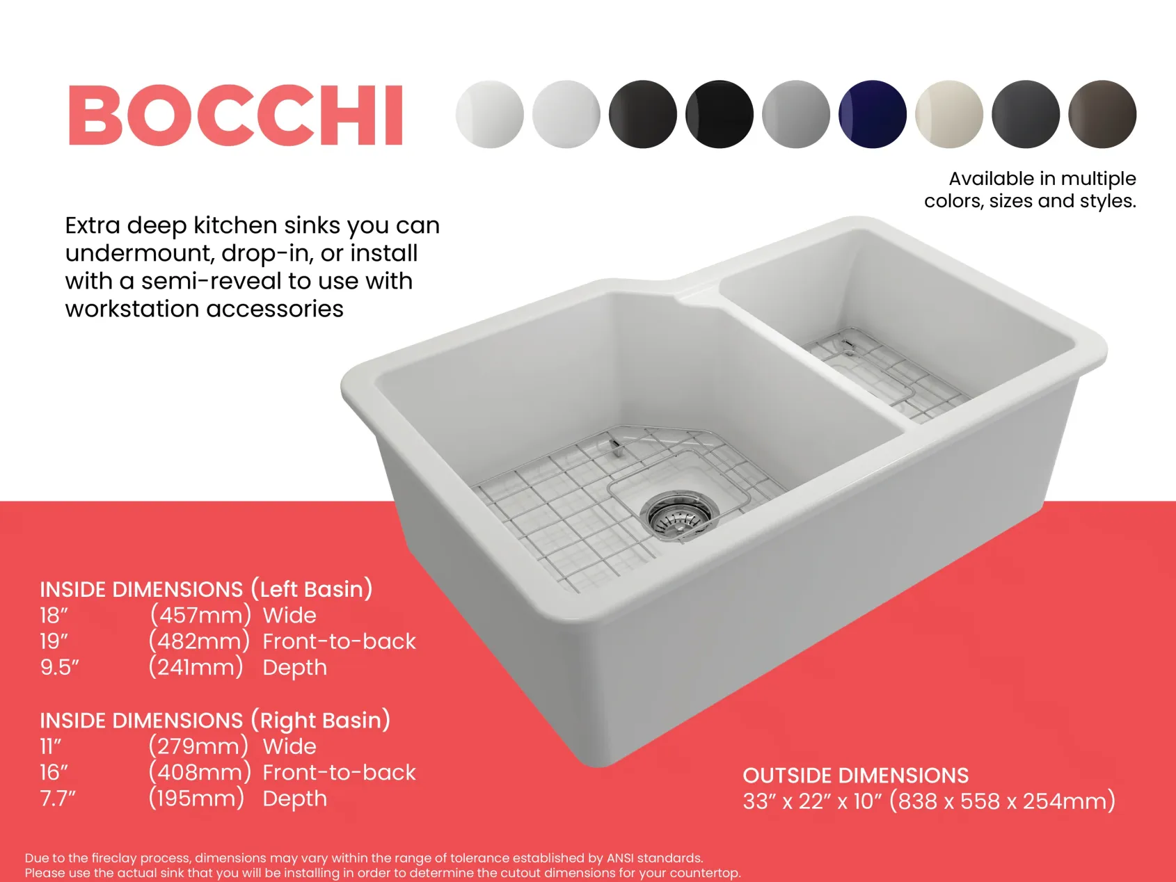 BOCCHI Sotto 33" Dual Mount Fireclay Kitchen Sink with Accessories, 60/40 Double Bowl, Matte White, 1506-002-0120