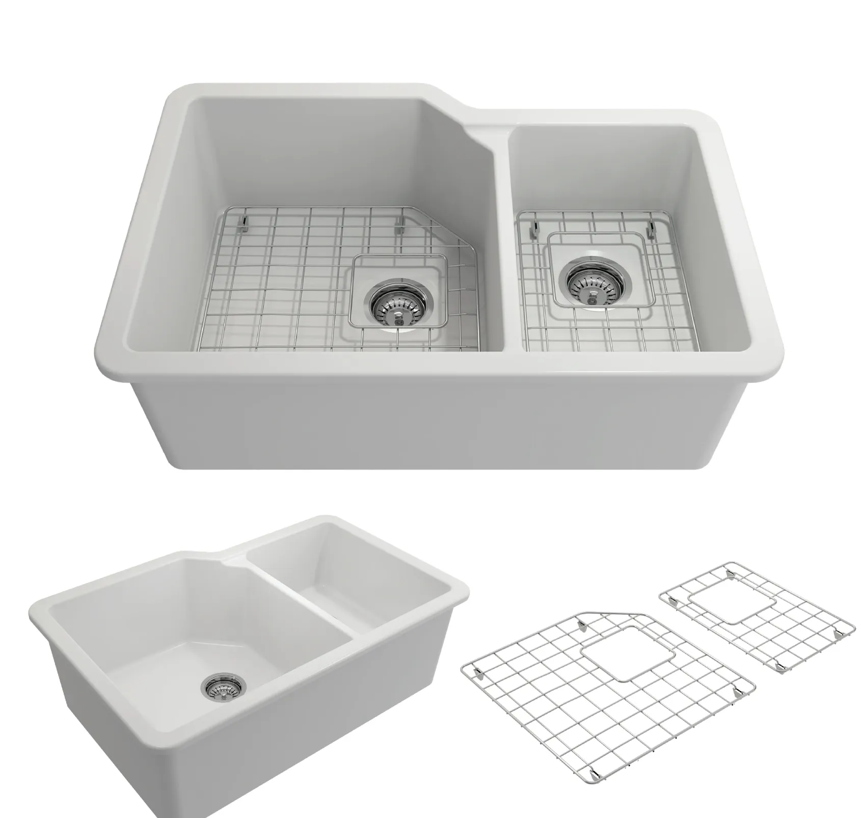 BOCCHI Sotto 33" Dual Mount Fireclay Kitchen Sink with Accessories, 60/40 Double Bowl, Matte White, 1506-002-0120
