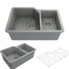 BOCCHI Sotto 33" Dual Mount Fireclay Kitchen Sink with Accessories, 60/40 Double Bowl, Matte Gray, 1506-006-0120