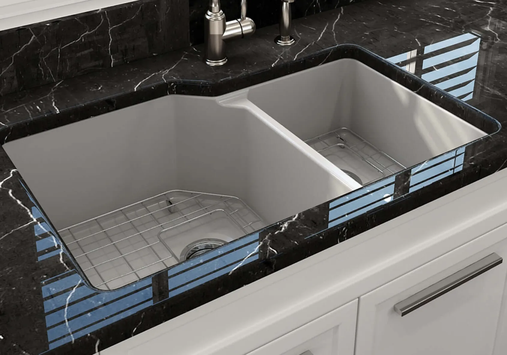 BOCCHI Sotto 33" Dual Mount Fireclay Kitchen Sink with Accessories, 60/40 Double Bowl, Matte Gray, 1506-006-0120