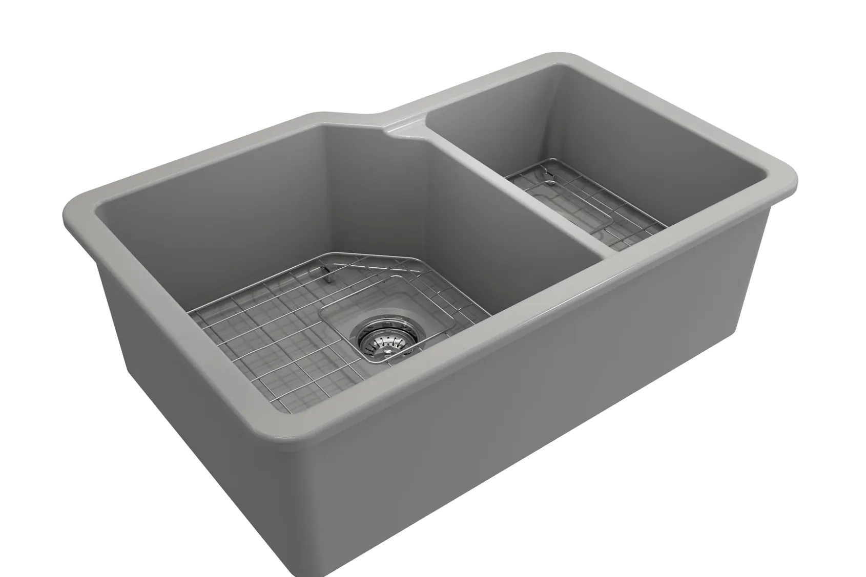BOCCHI Sotto 33" Dual Mount Fireclay Kitchen Sink with Accessories, 60/40 Double Bowl, Matte Gray, 1506-006-0120