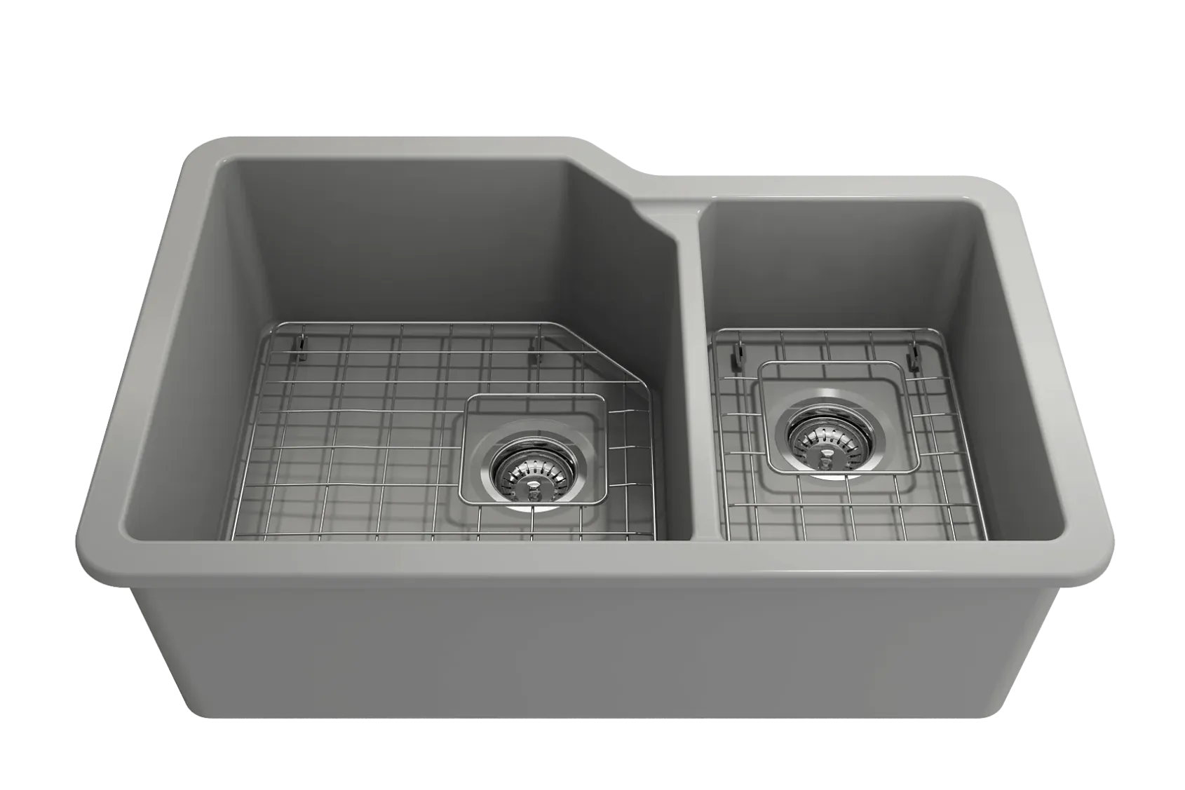 BOCCHI Sotto 33" Dual Mount Fireclay Kitchen Sink with Accessories, 60/40 Double Bowl, Matte Gray, 1506-006-0120