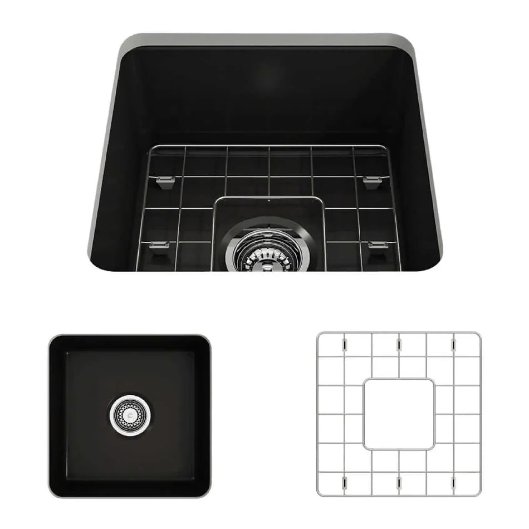 BOCCHI Sotto 18" Fireclay Undermount Single Bowl Bar Sink with Protective Bottom Grid and Strainer, Matte Black, 1359-004-0120