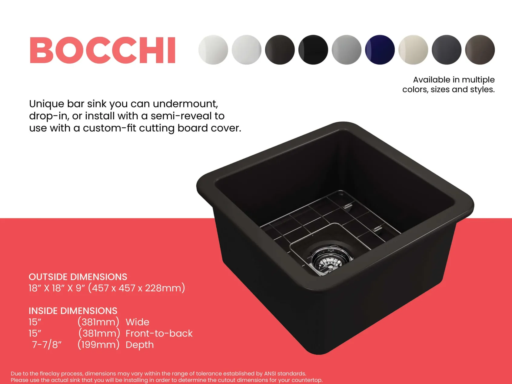 BOCCHI Sotto 18" Fireclay Undermount Single Bowl Bar Sink with Protective Bottom Grid and Strainer, Matte Black, 1359-004-0120