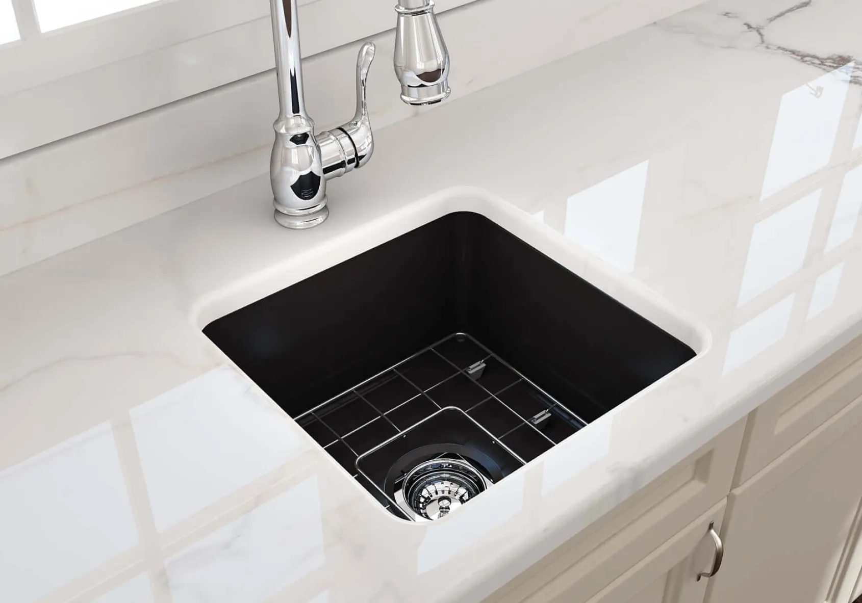 BOCCHI Sotto 18" Fireclay Undermount Single Bowl Bar Sink with Protective Bottom Grid and Strainer, Matte Black, 1359-004-0120