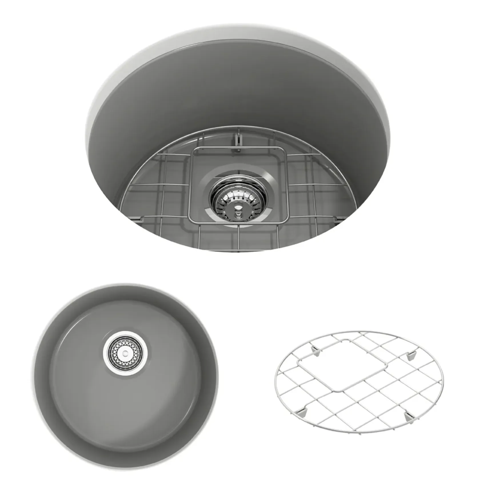 BOCCHI Sotto 18.5" Round Fireclay Undermount Single Bowl Bar Sink with Protective Bottom Grid and Strainer, Matte Gray, 1361-006-0120