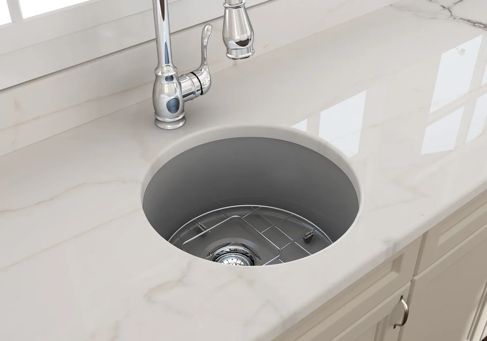 BOCCHI Sotto 18.5" Round Fireclay Undermount Single Bowl Bar Sink with Protective Bottom Grid and Strainer, Matte Gray, 1361-006-0120