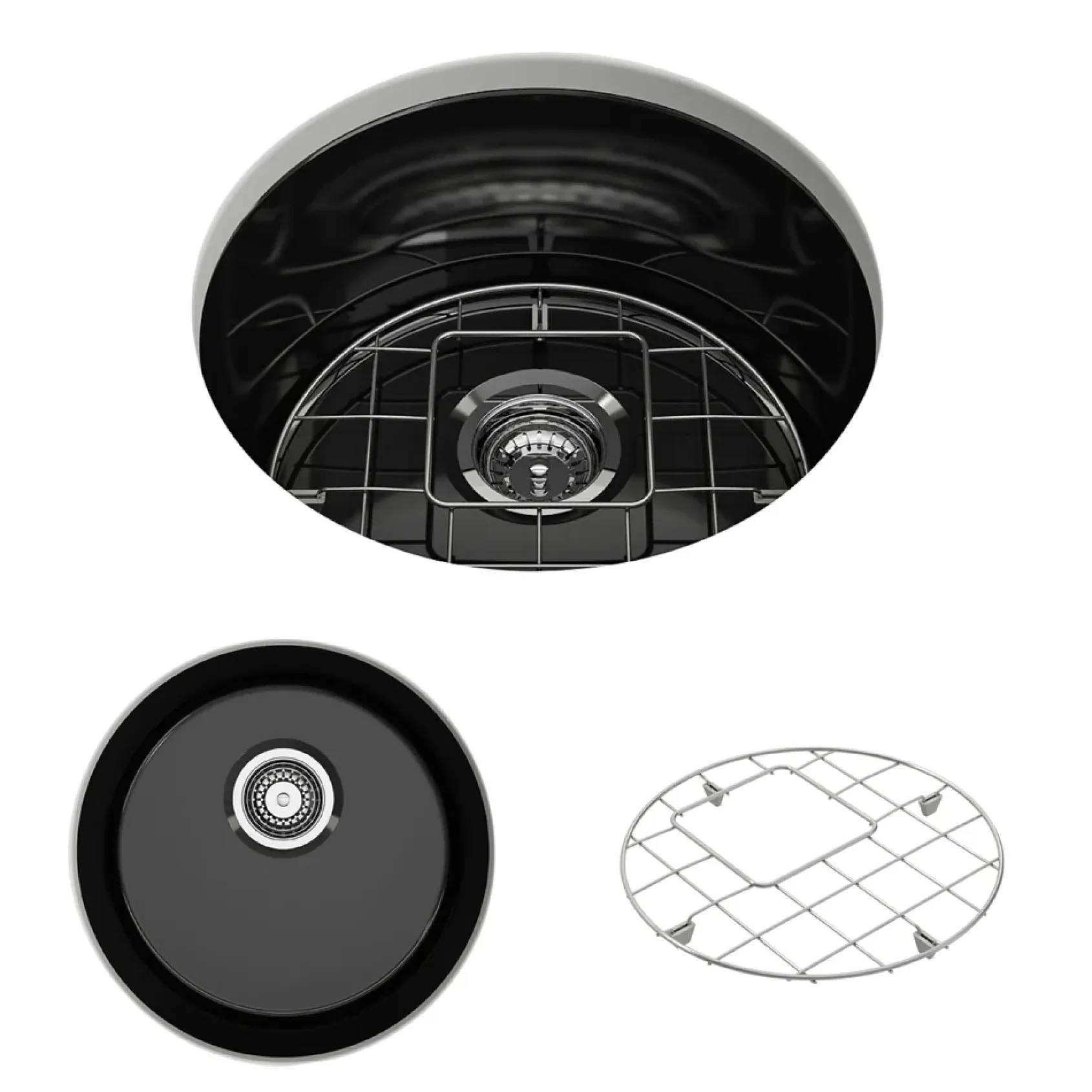 BOCCHI Sotto 18.5" Round Fireclay Undermount Single Bowl Bar Sink with Protective Bottom Grid and Strainer, Black, 1361-005-0120