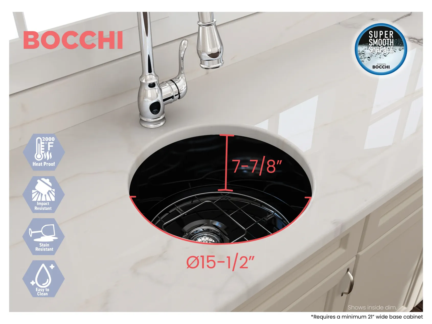 BOCCHI Sotto 18.5" Round Fireclay Undermount Single Bowl Bar Sink with Protective Bottom Grid and Strainer, Black, 1361-005-0120
