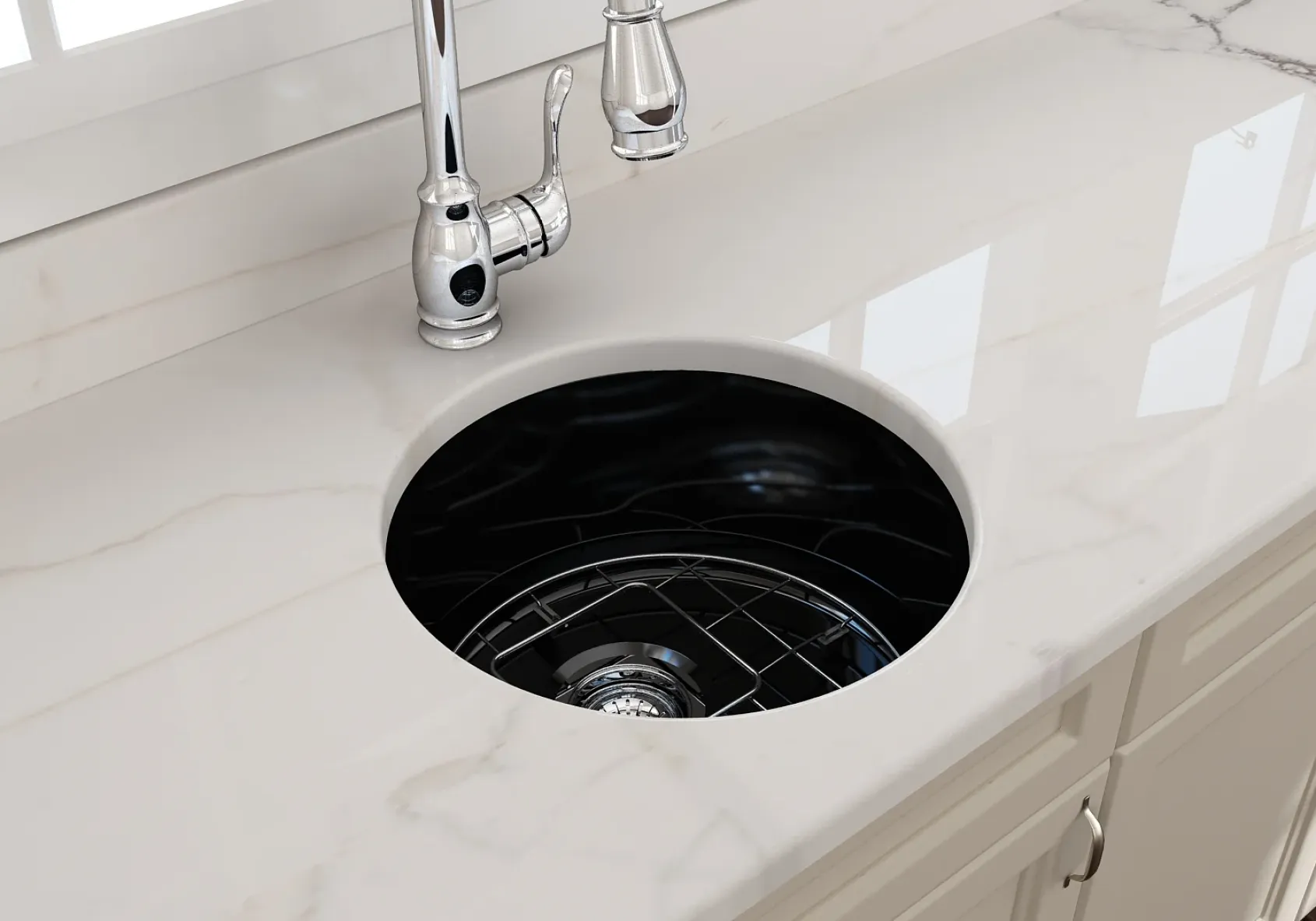 BOCCHI Sotto 18.5" Round Fireclay Undermount Single Bowl Bar Sink with Protective Bottom Grid and Strainer, Black, 1361-005-0120