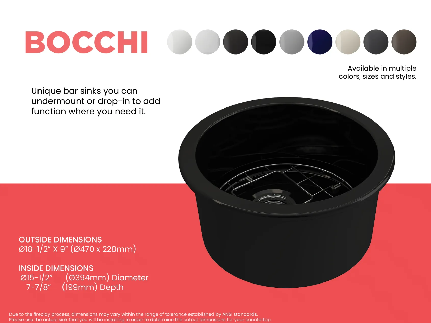 BOCCHI Sotto 18.5" Round Fireclay Undermount Single Bowl Bar Sink with Protective Bottom Grid and Strainer, Black, 1361-005-0120