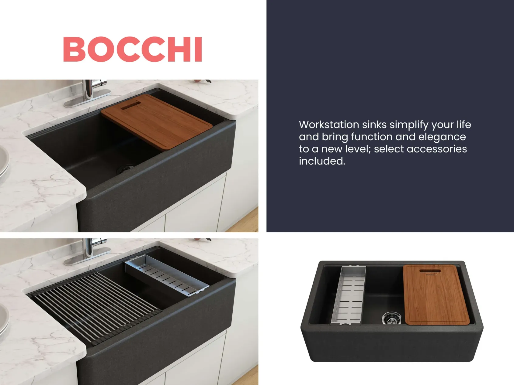 BOCCHI Arona 33" Granite Workstation Farmhouse Sink Kit with Faucet and Accessories, Metallic Black (sink) / Stainless Steel (faucet), 1600-505-2020SS