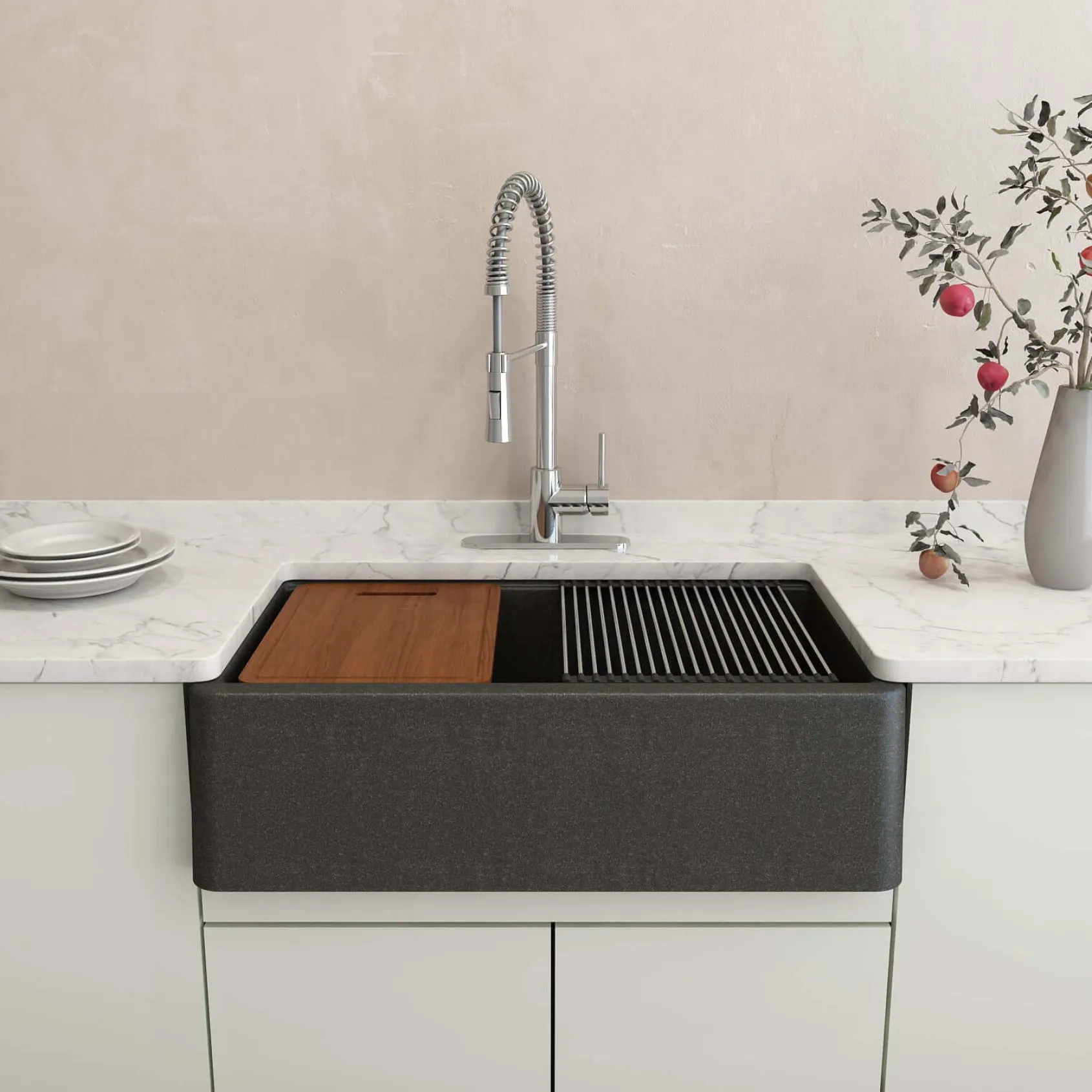 BOCCHI Arona 33" Granite Workstation Farmhouse Sink Kit with Faucet and Accessories, Metallic Black (sink) / Stainless Steel (faucet), 1600-505-2020SS
