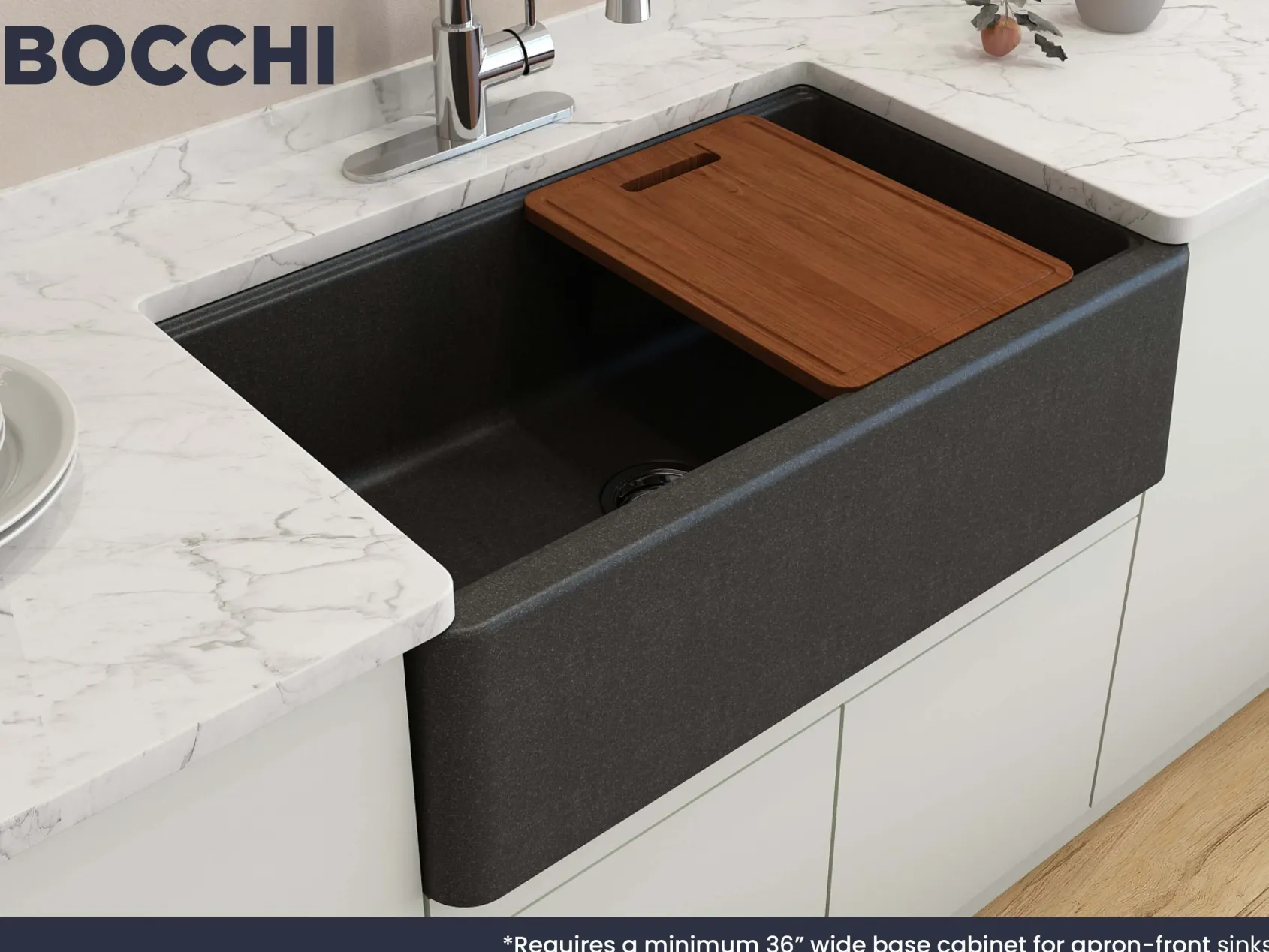 BOCCHI Arona 33" Granite Workstation Farmhouse Sink Kit with Faucet and Accessories, Metallic Black (sink) / Stainless Steel (faucet), 1600-505-2020SS