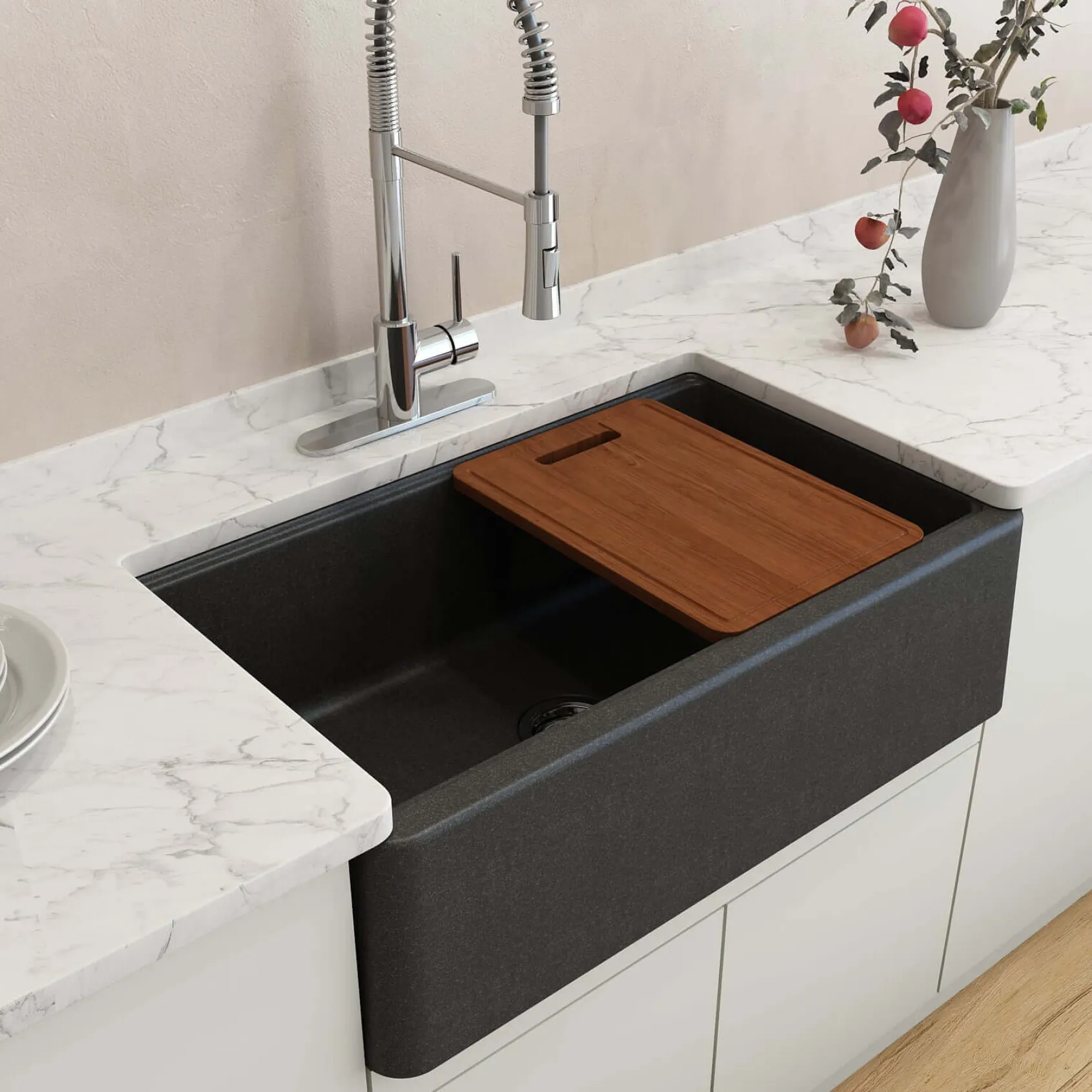 BOCCHI Arona 33" Granite Workstation Farmhouse Sink Kit with Faucet and Accessories, Metallic Black (sink) / Stainless Steel (faucet), 1600-505-2020SS