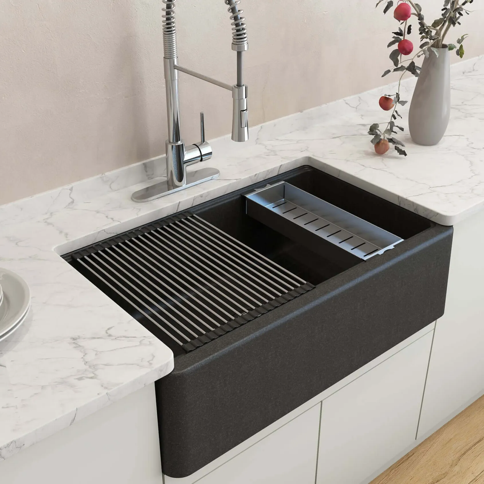 BOCCHI Arona 33" Granite Workstation Farmhouse Sink Kit with Faucet and Accessories, Metallic Black (sink) / Stainless Steel (faucet), 1600-505-2020SS