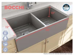 BOCCHI Contempo 36" Fireclay Farmhouse Apron 50/50 Double Bowl Kitchen Sink, Matte Gray, 1350-006-0120