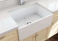 BOCCHI Contempo 27" Fireclay Farmhouse Sink Kit with Faucet and Accessories, White (sink) / Stainless Steel (faucet), 1356-001-2020SS