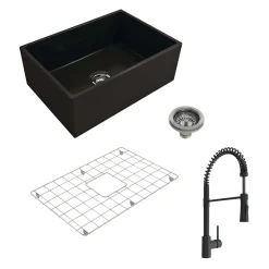 BOCCHI Contempo 27" Fireclay Farmhouse Sink Kit with Faucet and Accessories, Matte Black (sink) / Matte Black (faucet), 1356-004-2020MB