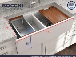 BOCCHI Contempo 36" Fireclay Workstation Farmhouse Sink with Accessories, 50/50 Double Bowl, White, 1348-001-0120