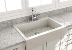 BOCCHI Nuova 34" Fireclay Retrofit Drop-In Farmhouse Sink with Accessories, Biscuit, 1500-014-0127