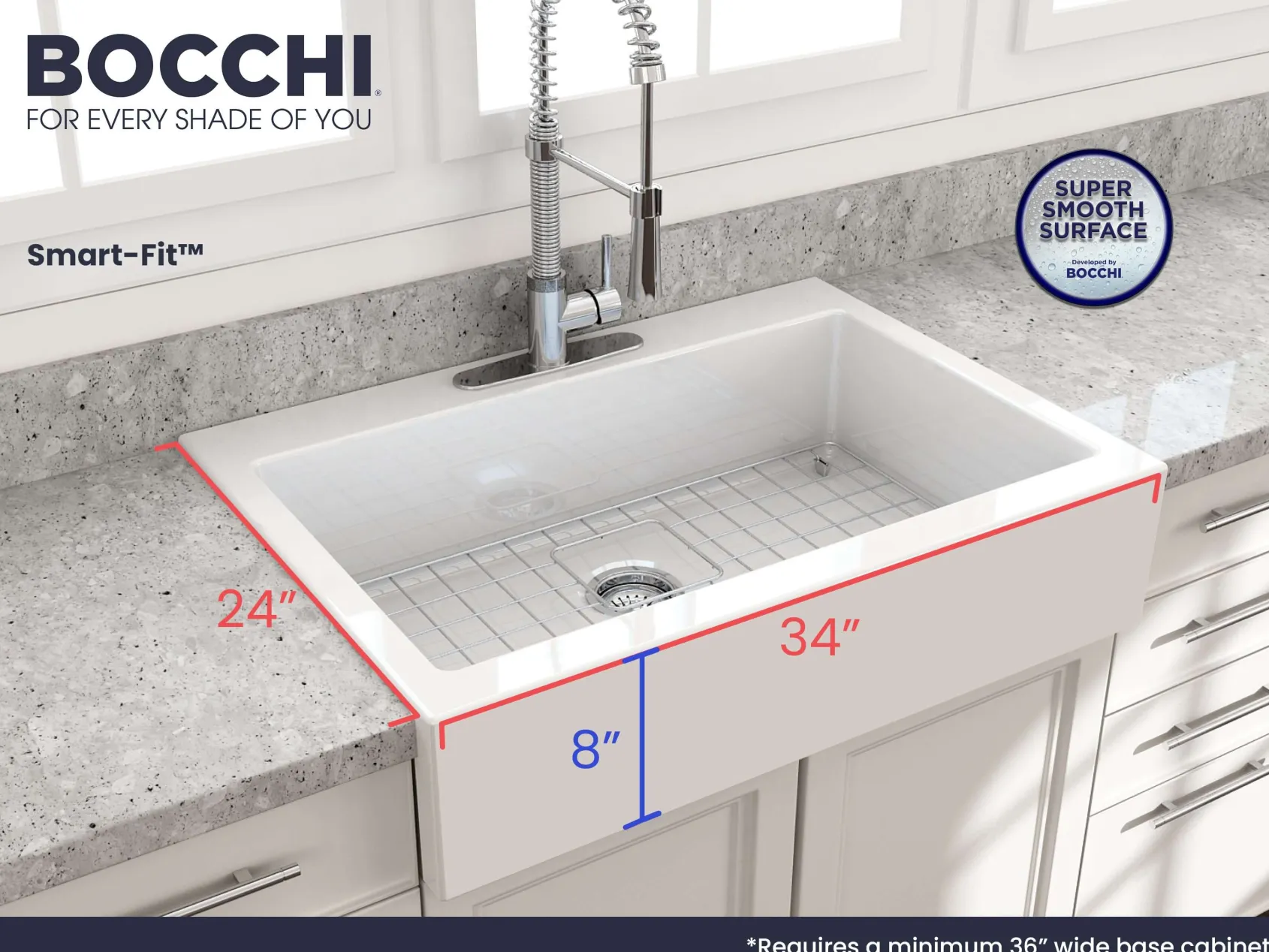 BOCCHI Nuova 34" Fireclay Retrofit Drop-In Farmhouse Sink with Accessories, White, 1500-001-0127