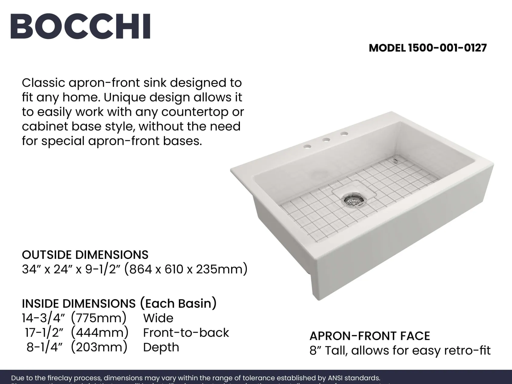 BOCCHI Nuova 34" Fireclay Retrofit Drop-In Farmhouse Sink with Accessories, White, 1500-001-0127