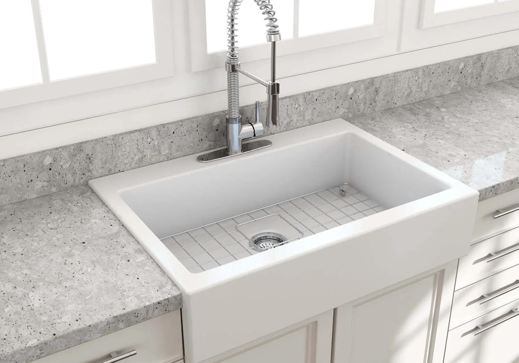 BOCCHI Nuova 34" Fireclay Retrofit Drop-In Farmhouse Sink with Accessories, Matte White, 1500-002-0127