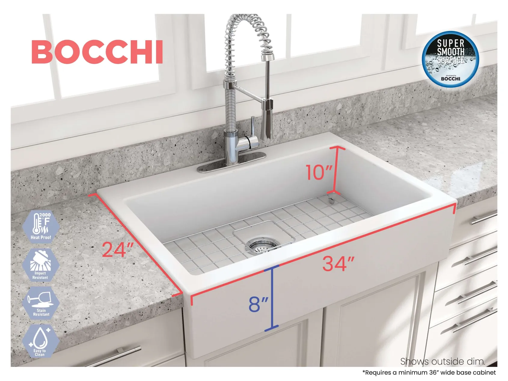 BOCCHI Nuova 34" Fireclay Retrofit Drop-In Farmhouse Sink with Accessories, Matte White, 1500-002-0127