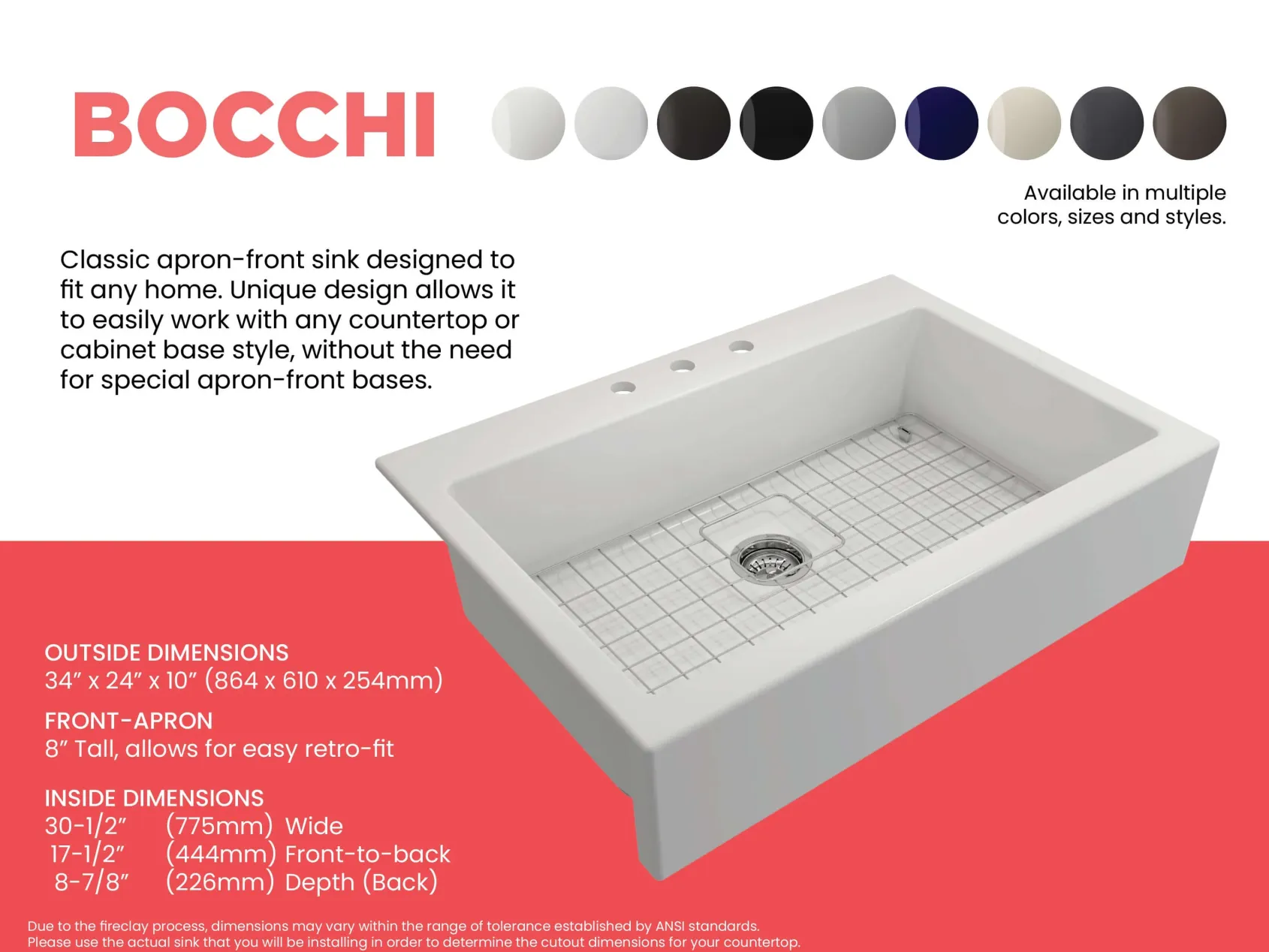 BOCCHI Nuova 34" Fireclay Retrofit Drop-In Farmhouse Sink with Accessories, Matte White, 1500-002-0127