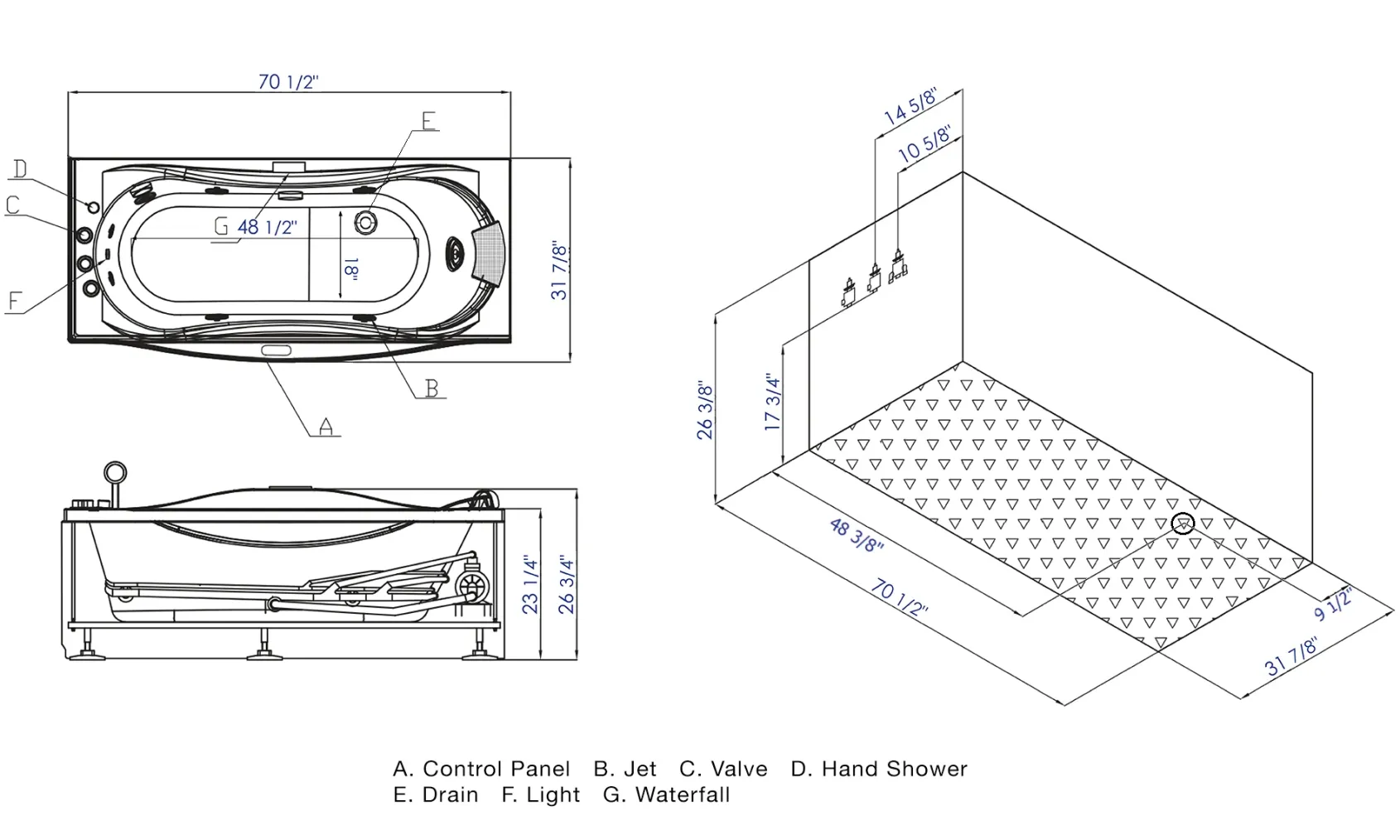 Eago 71" Acrylic Corner Rectangle Bathtub with Fixtures, White, AM189ETL-L