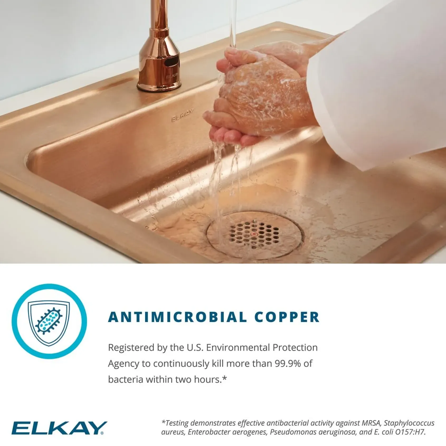 Elkay 22" Drop In/Topmount CuVerro Antimicrobial Copper ADA Kitchen Sink, Lustrous Satin, 1 Faucet Hole, LRAD2219551-CU
