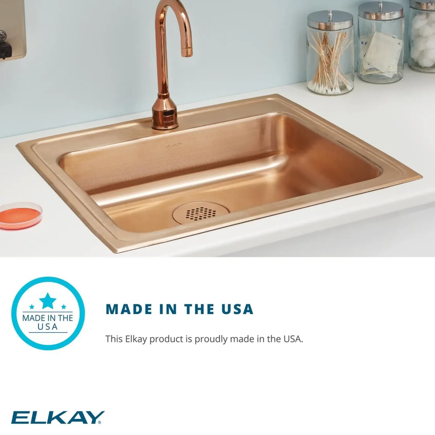 Elkay 22" Drop In/Topmount CuVerro Antimicrobial Copper ADA Kitchen Sink, Lustrous Satin, 1 Faucet Hole, LRAD2219551-CU