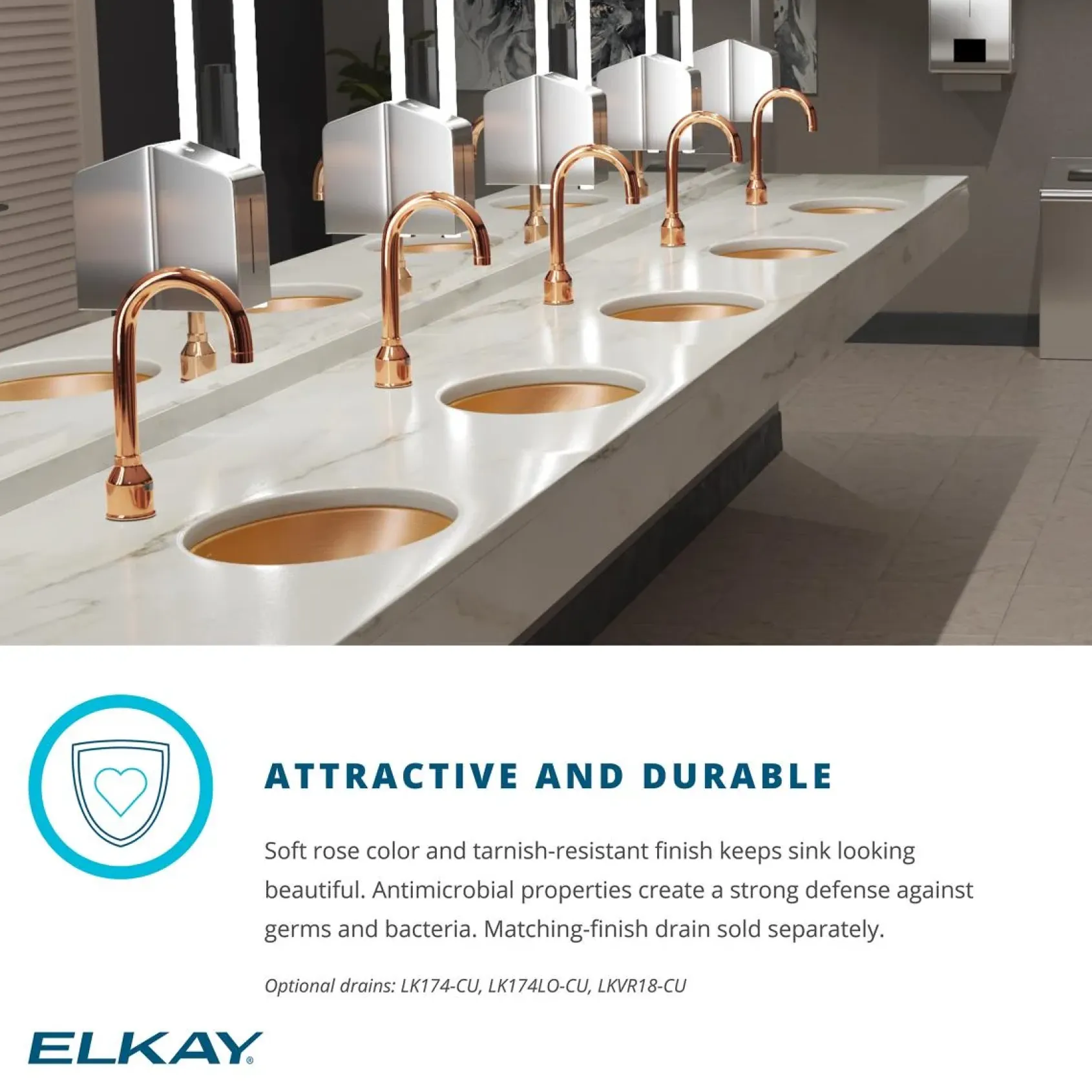 Elkay 19" Drop In/Topmount CuVerro Antimicrobial Copper ADA Kitchen Sink, Lustrous Satin, MR2 Faucet Holes, LRAD191865MR2-CU