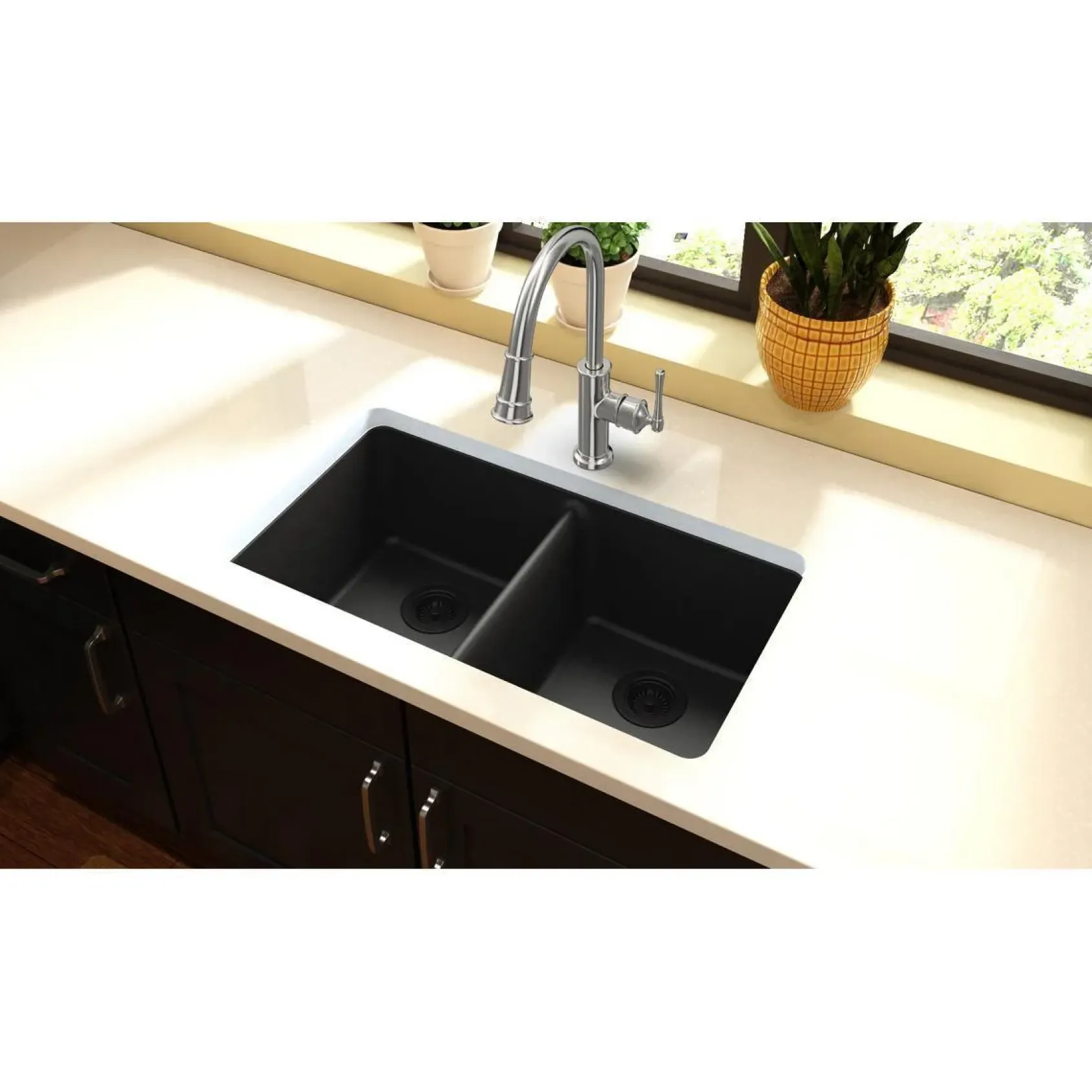 Elkay Classic 33" Quartz Kitchen Sink, 50/50 Double Bowl, Black, ELGU3322BK0