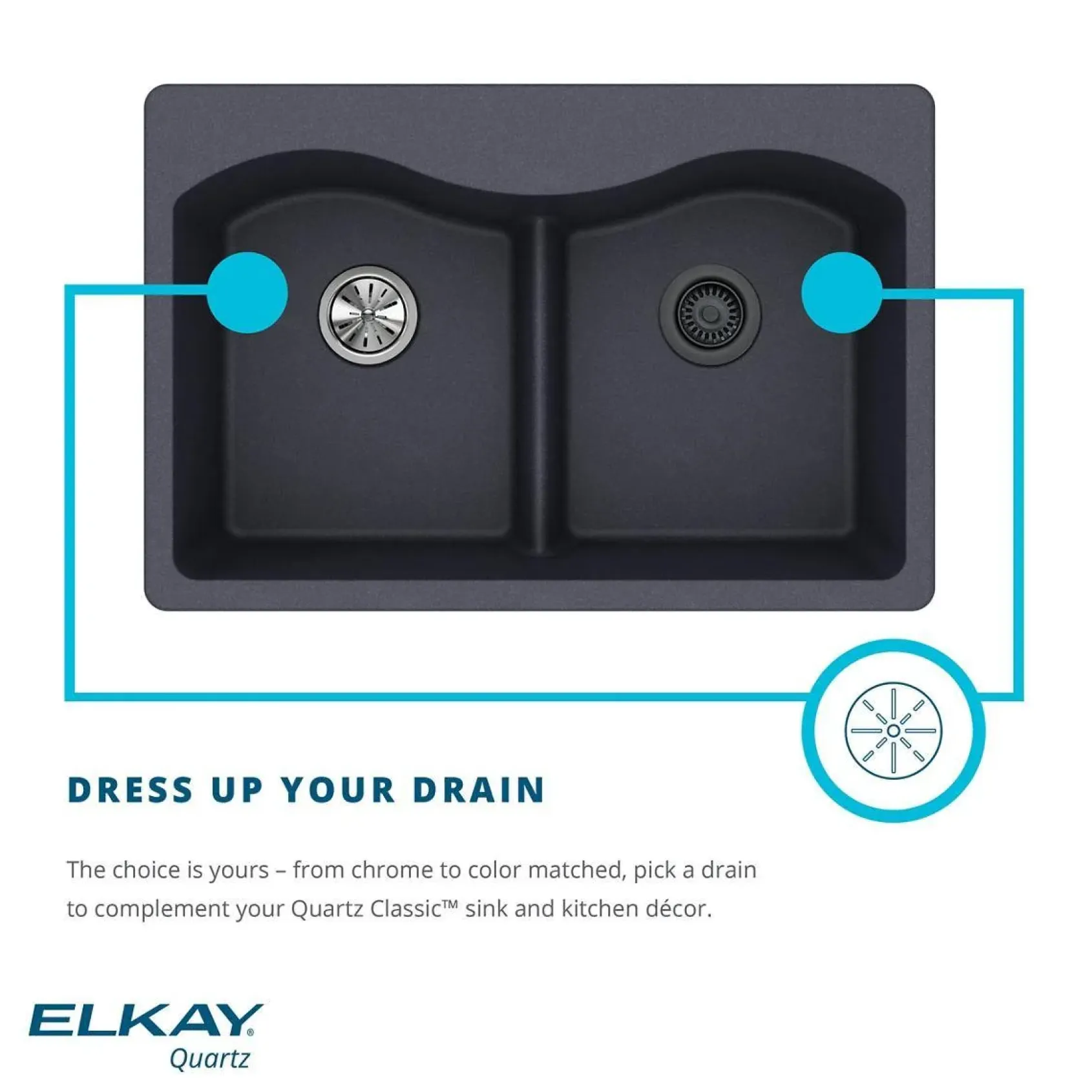 Elkay Classic 33" Quartz Kitchen Sink, 50/50 Double Bowl, Black, ELGU3322BK0
