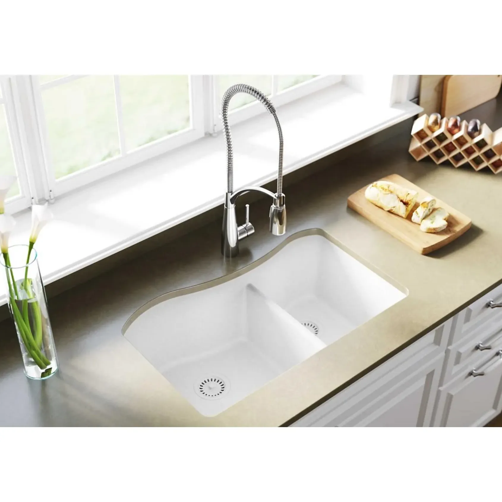 Elkay Classic 33" Quartz Kitchen Sink, 60/40 Double Bowl, White, ELGHU3220RWH0